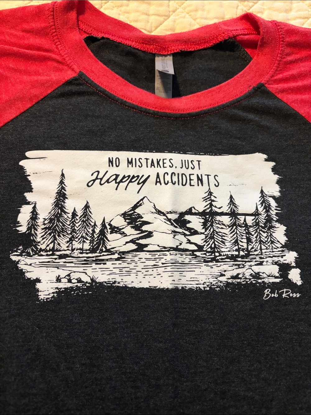 Next Level Black Baseball Raglan Tee Bob Ross No Mistakes, Just Happy Accidents